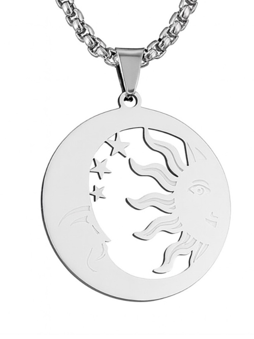 Stainless Steel Sun Moon Pendant Necklace Celestial Cutout 24” Chain
